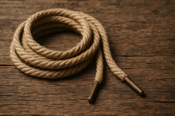 Obraz premium Rustic Rope-Style Shoelaces on Wooden Surface – Close-Up Product Photography of Textured Fashion Accessory