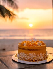Sunset beach cake, creamy yellow frosting, coconut flakes