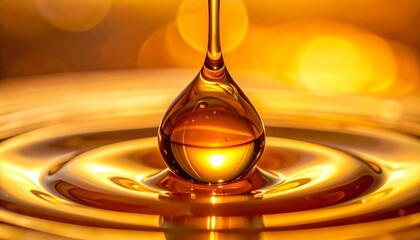 Golden Liquid Drop Creating Perfect Ripples on a Reflective Surface with Warm Bokeh Background