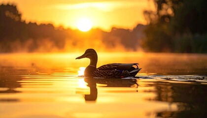 Sunrise silhouette of a duck swimming on calm water