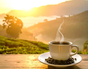 Sunrise over misty hills, a steaming cup of coffee rests on a wooden table
