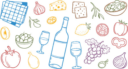An illustration of wine bottle with glasses and food items on a white background sketch style