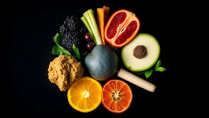 Vibrant circle of six colorful superfoods glowing with natural energy on dark background.