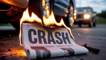 Intense car crash news report ablaze, capturing the urgency and danger, perfect for illustrating breaking news or dramatic storytelling about vehicle accidents