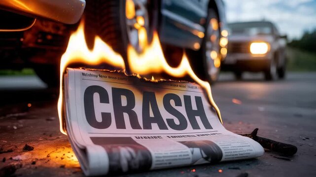 Intense car crash news report ablaze, capturing the urgency and danger, perfect for illustrating breaking news or dramatic storytelling about vehicle accidents