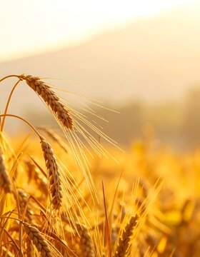 Golden wheat stalks bathed in sunset light, shallow depth of field