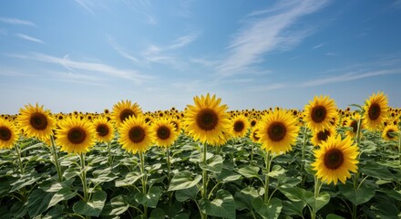 Obraz premium Sunflower field under blue sky with clouds on sunny day 