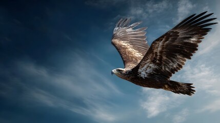 Fototapeta premium An eagle soars majestically through a dramatic cloudy sky symbolizing freedom and wildness