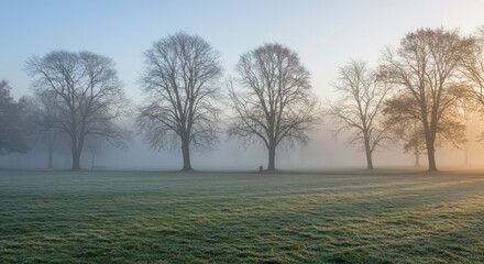 Fototapeta premium Misty morning landscape with tall trees in soft morning light 