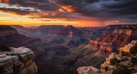 Fototapeta premium Grand Canyon landscape at sunset with dramatic clouds and cliffs 