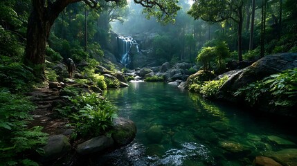 Stunning jungle waterfall with emerald pool high resolution image