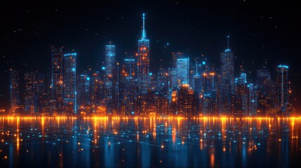 Obraz premium Illuminated cityscape reflecting on water at night with glowing lights