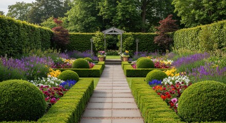 Obraz premium Colorful garden pathway with trimmed hedges and blooming flowers 