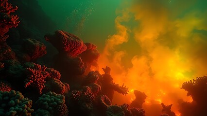 A terrifyingly beautiful underwater scene where the coral reef is consumed by an acidic neon-green and orange haze.