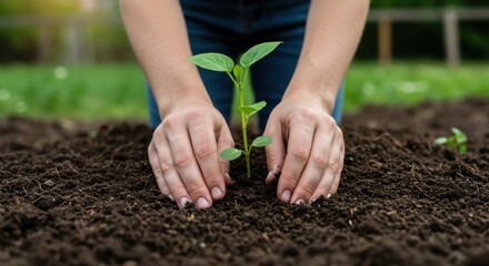 Woman planting a young sprout in fertile soil during daytime  