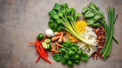 A vibrant arrangement of fresh Asian herbs and spices on a rustic stone surface, showcasing rich colors and textures.