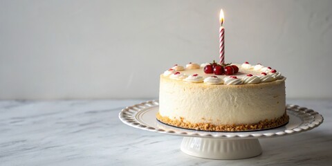 Birthday cake with a lit candle on top, celebration, dessert, sweet, treat, flaming, fire, party, event, festive, occasion