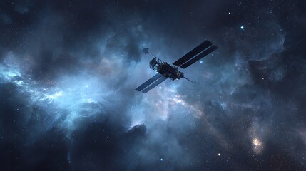 Obraz premium A Detailed Rendering of a Satellite Traversing the Vast Expanse of Space, Bathed in Nebular Light.
