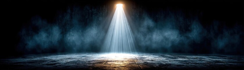 Smokey stage with spotlight in dark mist concept. A dramatic spotlight illuminating a foggy, mysterious space.