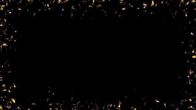 gold metallic confetti explosion border frame isolated alpha channel animation, golden birthday party and anniversary celebration overlay social media motion design element	