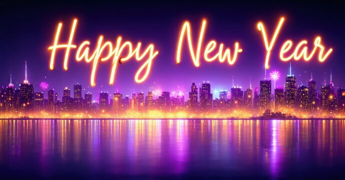 City skyline reflects vibrant lights. Festive Happy New Year text dominates image. Celebratory fireworks illuminate night sky.