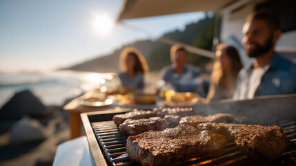 A group of friends barbecues outside their RV at a beach with a grill sizzling waves crashing beach chairs unfolded and a volleyball net swaying captured in a lively photo wit