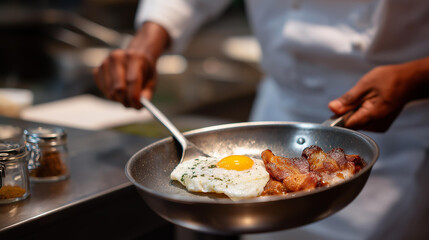 A chef their uniform crisp prepares fried egg and bacon in a busy kitchen the skillet&rsquo;s metal hissing. The egg its white bubbled rests beside bacon its edges crisp. A