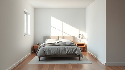 A corner of a modern minimalist bedroom featuring a bed and nightstand, bathed in soft natural ambient light.