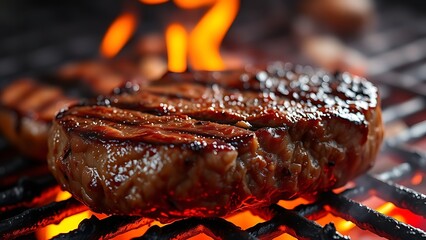 A close-up of a sizzling steak on a grill, showcasing rich caramelized textures.