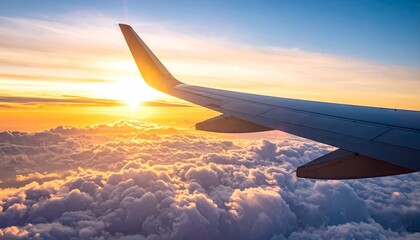 Obraz premium Airplane Wing Over Clouds Sunrise View.