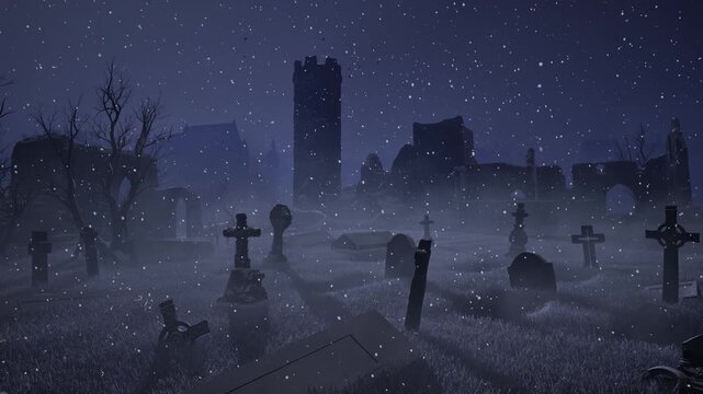 An old abandoned cemetery with empty graves next to ancient ruins. Halloween. 3D rendering.
