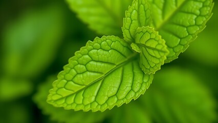 A close-up of a fresh mint leaf highlighting its vibrant green hue and intricate vein patterns.