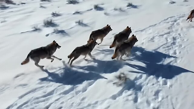 Overhead Aerial View of Wolves Running Across Snowy Field in Winter Light Drone Shot of Pack Moving Fast Wildlife Footage of Mammals in Natural Habitat Cinematic Slow Motion