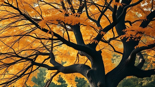 Two intertwined trees support each other in autumn, symbolizing family and change.