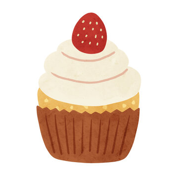 いちごのカップケーキ　水彩風手描きイラスト