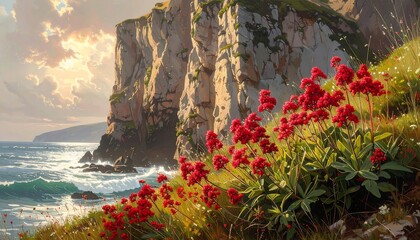 Coastal landscape painting with vibrant red flowers at the base of cliffs