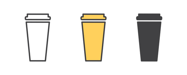 Coffee cup icons in different colors, representing outline, yellow, and dark gray, for design use