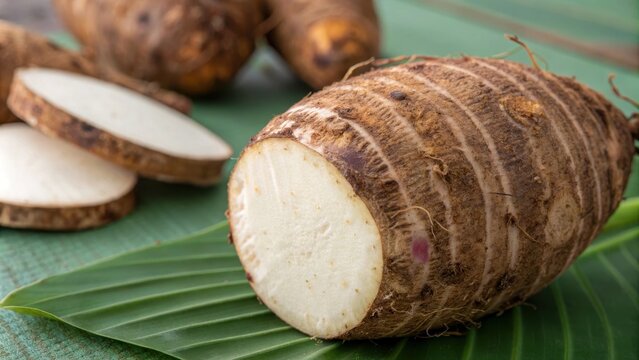 Closeup of taro root vegetable, eddo malanga, against green background, Taro, root, vegetable, eddo, malanga, closeup, purple