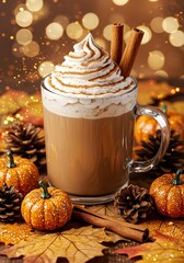 시나몬 가루가 뿌려진 생크림 가득 올라간 유리잔 호박 라떼, 시나몬 스틱으로 데코가 되어 있고, 주변에 호박과 솔방울이 있다. 반짝이는 느낌이 가득한 사진.