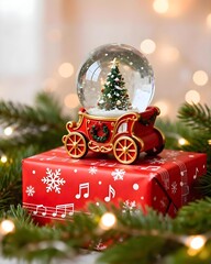 빨간색으로 포장된 선물 상자 위에 산타 썰매 모양의 크리스마스 트리가 담긴 스노우볼 사진, 반짝이는 배경