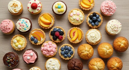 Delightful assortment of freshly baked cupcakes and fruit tarts arranged artfully on a wooden surface, perfect for celebrations and gourmet treats.