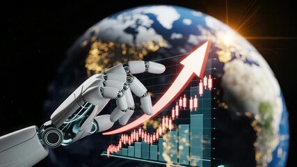 Dynamic artificial intelligence driving global market growth with robotic hand and vibrant upward trending stock chart on earth background, showing opportunity - Powered by Adobe