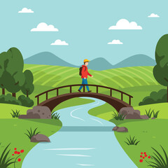 Hiker crossing wooden bridge over river in lush green landscape with hills and clear sky vector illustration 