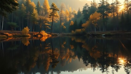 Peaceful forest landscape reflected in still water, capturing golden sunlight through trees.