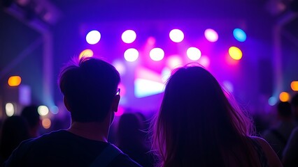 Two festival attendees enjoying music with colorful lights and a soft ambient glow around them.
