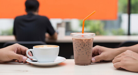 Close-up shot of two hands holding coffee and iced chocolate drinks on a table.