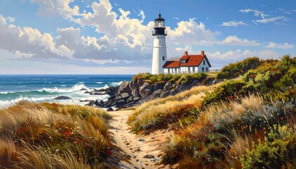 Coastal lighthouse scene with a pathway