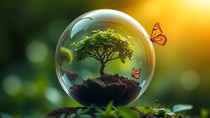 Glass globe containing a miniature tree with a butterfly, representing nature's fragility.