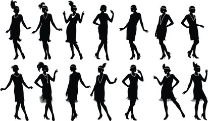 Elegant flapper girl silhouettes, vintage 1920s women fashion, retro dance poses, classic roaring twenties style, art deco party theme illustration