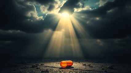 A beam of sunlight breaks through clouds onto a neglected vitamin capsule, symbolizing need.